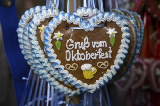 Gingerbread hearts at a candy stand at the Oktoberfest, Munich, Bavaria, Germany, Europe