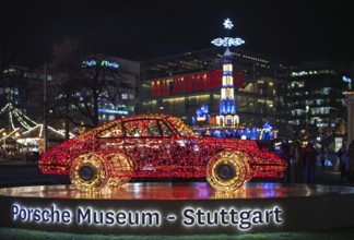 Night shot, Christmas market, Christmas lights, illumination, with Porsche 911, Porsche Museum