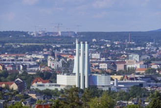 Cityscape Dresden with power station Nossener Brücke, Yenidze and construction site Infineon,