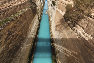 Construction work in the Corinth Canal, restoration after landslide, view of construction cranes,