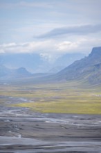 View from a hill, view over alluvial land, meandering river, Dímonarhellir, Suðurland, Iceland,