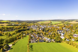 Town view of Schlettau from the air in autumn, Erzgebirge, Saxony, Germany, Europe