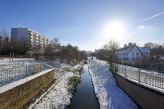 Dortmund, North Rhine-Westphalia, Germany, winter with snow in the Ruhr area, renaturalised Emscher