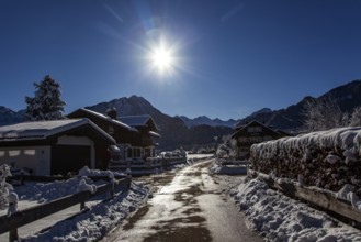 Winter landscape in the snow, mountains of the Allgäu Alps in the background, backlight,