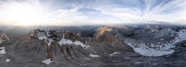 Alpine panorama, aerial view, Zugspitze and Zugspitzplatt with glacier, high mountains, Bavaria,