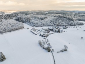 Snow-covered fields and forests under a twilight sky, Haselstaller Hof, Calw district, Black