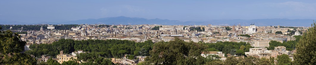 View of the city from the Gianicolo viewpoint with the Vittorio Emanuele II monument, Rome, Lazio,