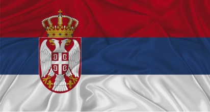 Close up of flag of Serbia with cloth texture. Realistic Serbia flag waving