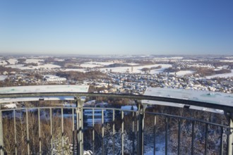 View from the Glückauf Tower of snow-covered Oelsnitz in the Ore Mountains, Saxony, Germany, Europe