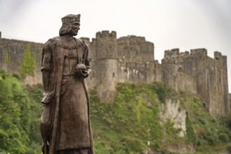 Statue of King Henry VII in front of Pembroke Castle, Pembroke, Wales, Great Britain