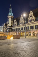 Old Town Hall at night, view from the market, Leipzig, Saxony, Germany, Europe