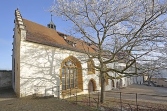 Inner courtyard with museum and stepped gable in winter with hoarfrost, Hellenstein Castle,