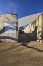 Heinz-Steyer-Stadion, stadium, side entrance, location board, concrete building, deep blue sky with