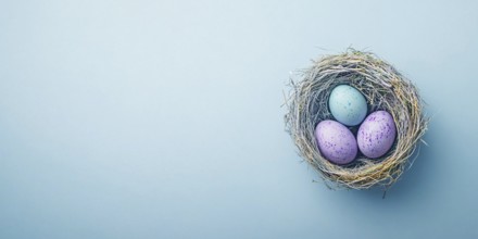 Small easter nest with purple painted eggs on blue background with copy space. Generative AI, AI