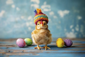 Cute small chick with knitted hat between colorful Easter eggs. Generative Ai, AI generated