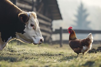 Side view of cow and chicken together at farm. Generative AI, AI generated