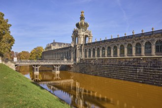 Dresden Zwinger, architectural style baroque, crown gate with bridge, moat, long gallery,