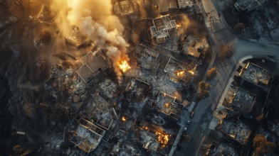 Aerial view of neighborhood in ruins from devastating fire. generative AI, AI generated