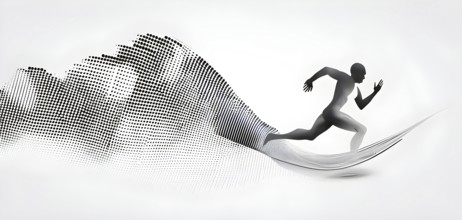 Wave of data points shaping into a runners silhouette, abstract illustration in black and white,