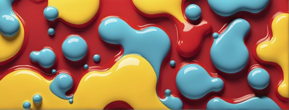 Abstract image with vibrant blue and red blobs and liquid shapes on a yellow background, AI