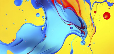 Abstract image with vibrant blue and red blobs and liquid shapes on a yellow background, AI