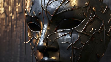 3d rendering of a mask adorned with tears suspended on a wall, AI generated