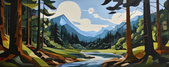 Abstract canvas illustration of a serene nature hike scenery with majestic mountains, AI generated