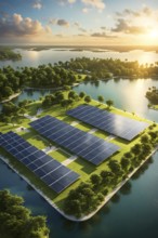 3d rendering of a sustainable engaged waterfront development with floating solar panels, AI