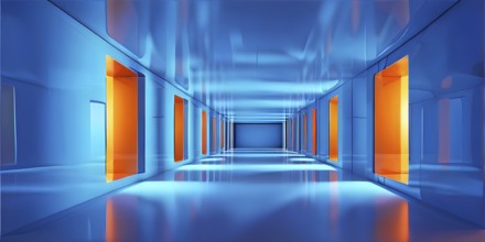 Windows aligned within an elongated tunnel permeated with gradients of blue and orange hues, AI