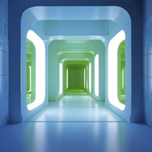 Windows aligned within an elongated tunnel permeated with gradients of blue and green hues, AI