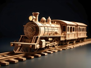 Vintage wooden locomotive toy with a playful design in front of a dark background, AI generated