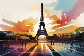 Olympic games depicted through vibrant dynamic lines and color splashes with the Eifeltower, AI