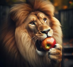 A vegetarian maned lion nibbles an apple, AI generated, AI generated