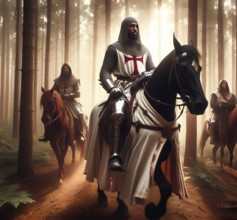 Medieval knights with the cross of the Knights Templar ride on horseback in armour through a