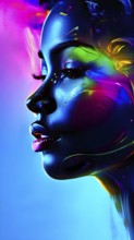 AI generated abstract digital painting of a womans face in vibrant neon colors