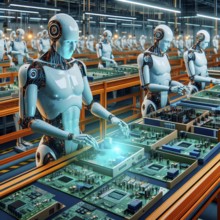 Humanoid robots assemble circuits on an assembly line in a factory, symbolic image cybernetics,