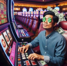 A man sits in a casino with dollar signs in his eyes, symbolic image gambling addiction, addiction,