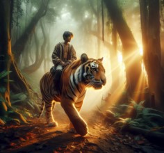 A boy rides a tiger through the jungle, symbolic image mythology, Jungle Book, AI generated, AI