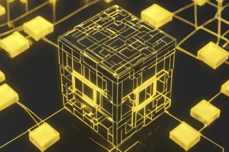 Three dimensional render of a yellow glowing blockchain cube, AI generated