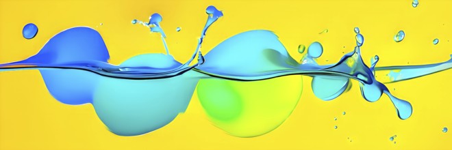 Abstract image with vibrant blue and red blobs and liquid shapes on a yellow background, AI