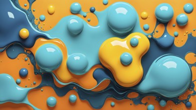 Abstract wallpaper with colorful turquoise and yellow blobs and liquid shapes on a orange