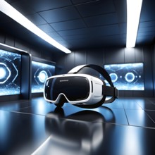 Three dimensional render of virtual reality glasses in a digital room, AI generated