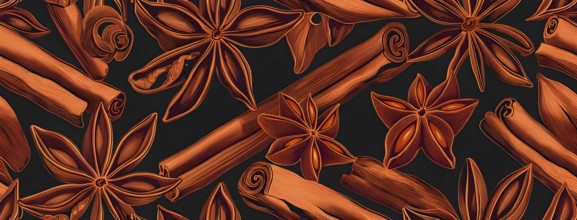 Abstract wallpaper illustration of Christmas spices like cinnamon sticks, star anise, and cloves,