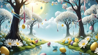 Surreal Easter scene with floating eggs, ribbons, and flowers in a dreamlike, whimsical composition