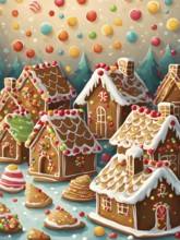 Abstract wallpaper illustration of of gingerbread house decoration, AI generated