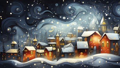 Cozy winter night scene with abstract forms representing a snow-covered village, AI generated