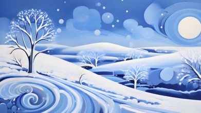 Abstract winter landscape illustration using cool blues and whites with swirling patterns and