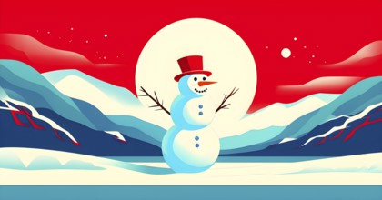 Abstract illustration of a snowman in an idyllic snowy winter landscape, hills and mountains and