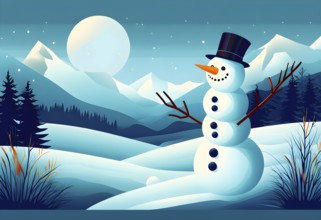 Abstract illustration of a snowman in an idyllic snowy winter landscape, hills and mountains and