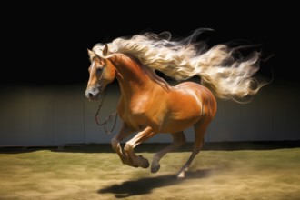 Brown horse with flamboyant mane exercising in a manege, AI generated